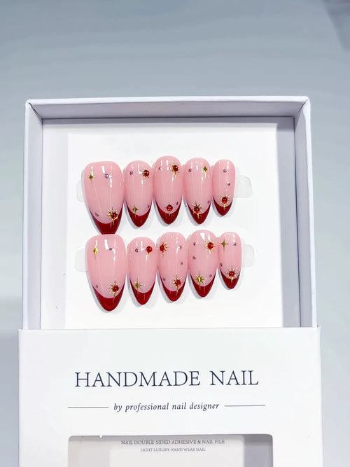 C383 - Medium Pink Red Almond French tip Star Rhinestone VibeNailsLab