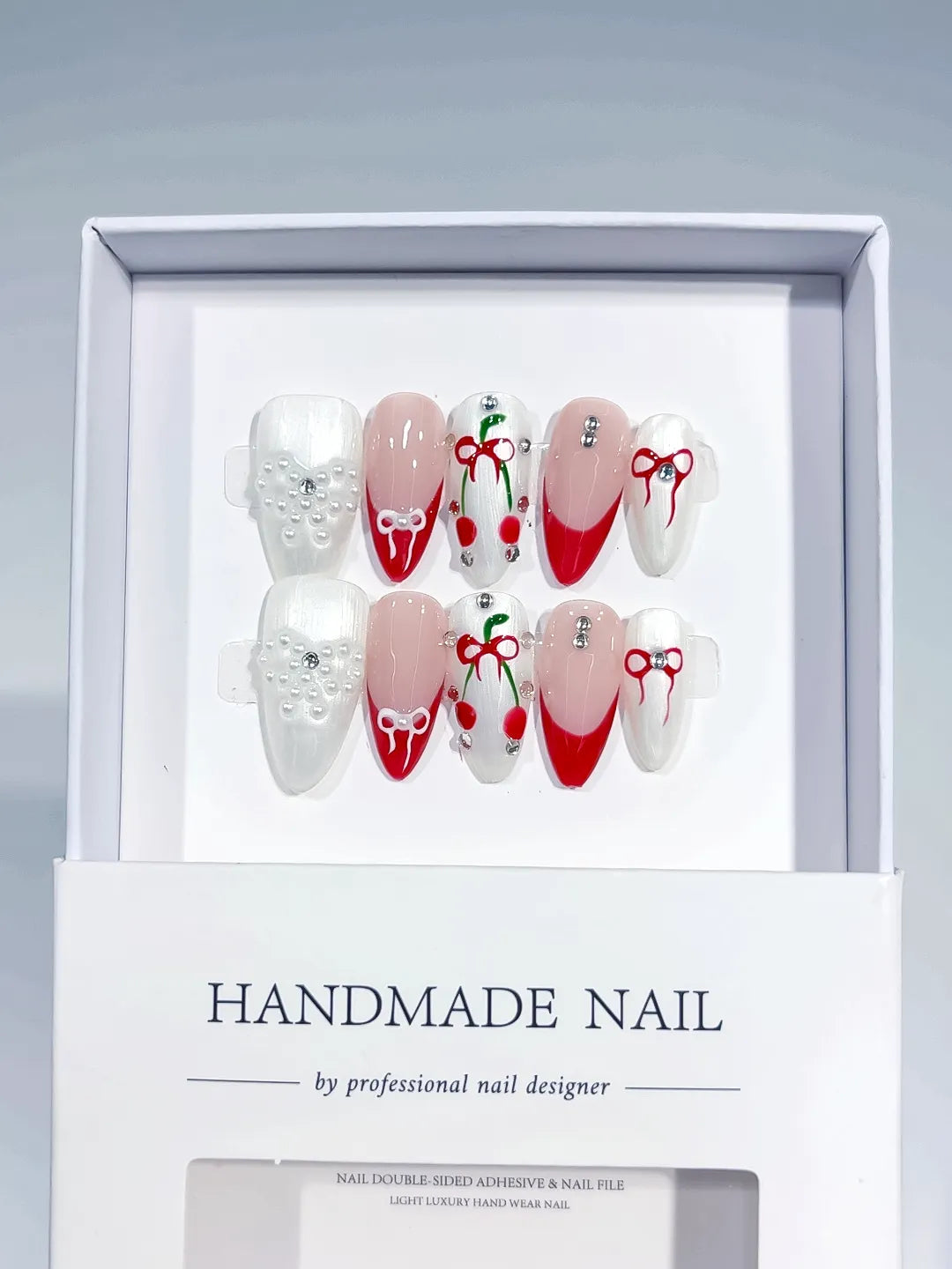 C385 - Medium White Red Almond French tip Bow Cherry VibeNailsLab