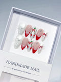 C385 - Medium White Red Almond French tip Bow Cherry VibeNailsLab