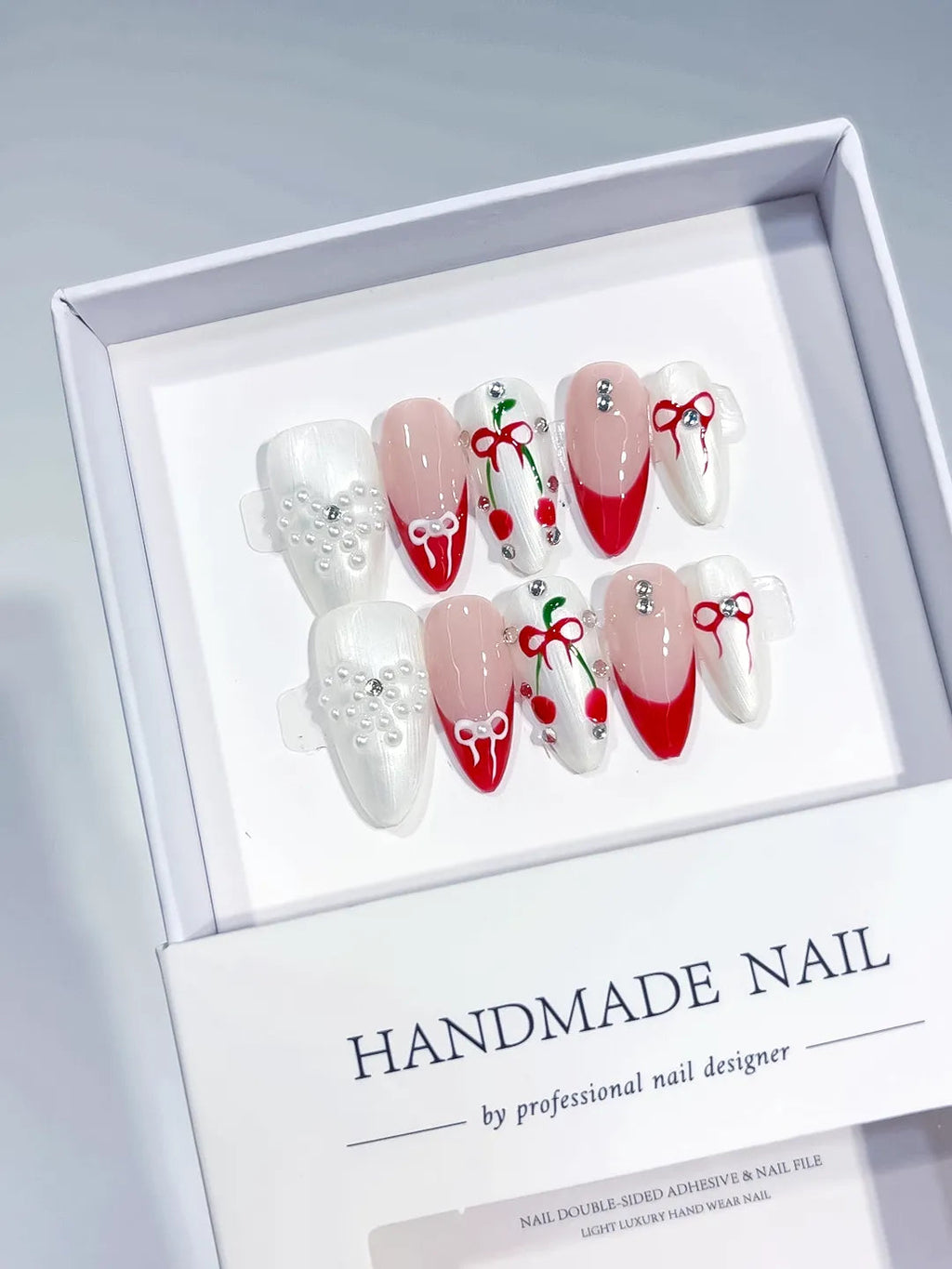 C385 - Medium White Red Almond French tip Bow Cherry VibeNailsLab