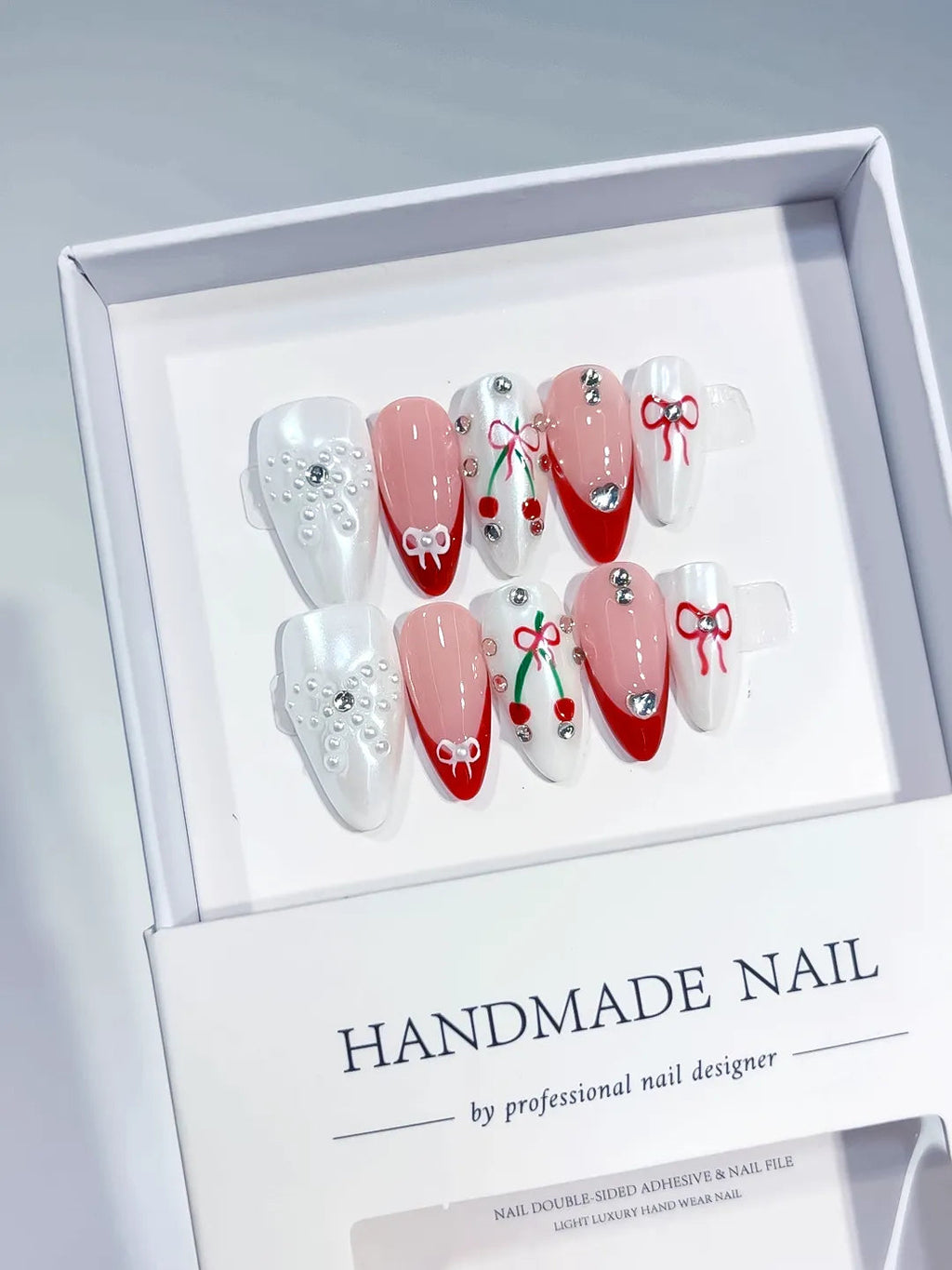 C386 - Medium White Red Almond French tip Bow Cherry VibeNailsLab