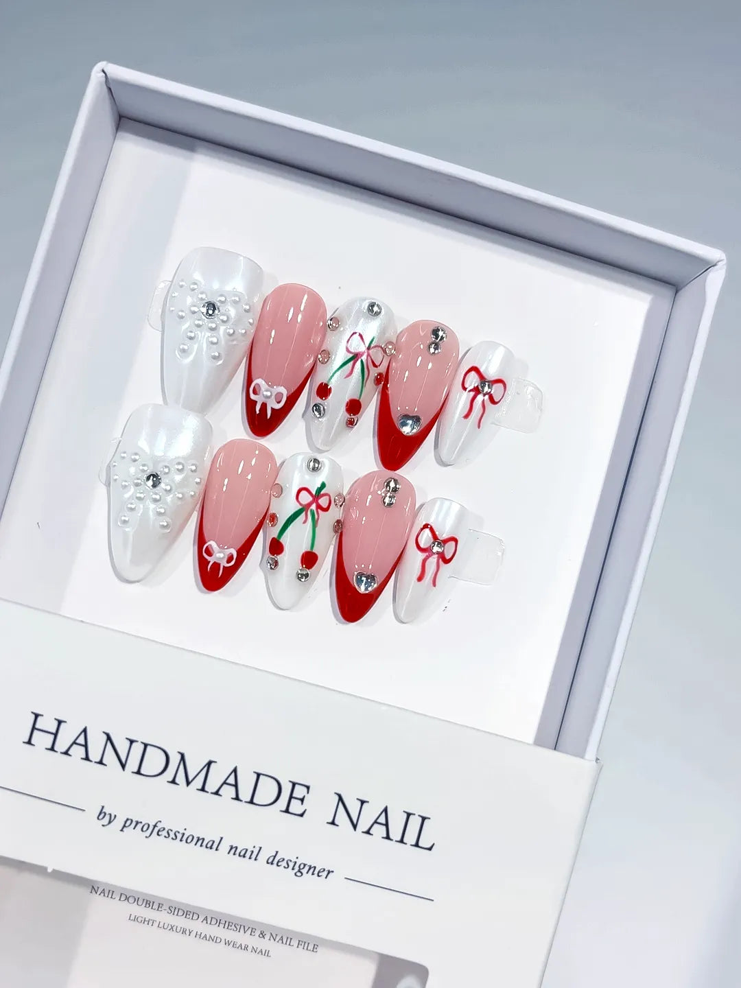 C386 - Medium White Red Almond French tip Bow Cherry