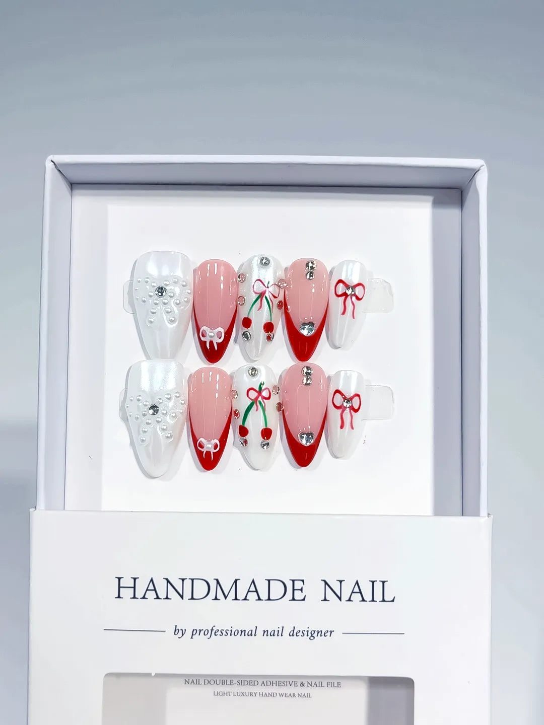 C386 - Medium White Red Almond French tip Bow Cherry VibeNailsLab