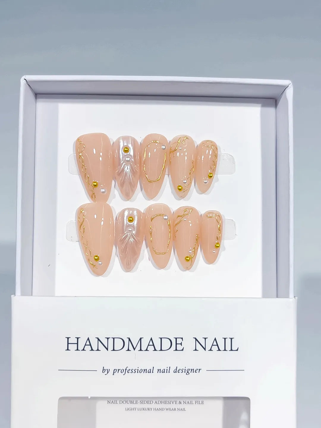 C388 - Medium Nude Gold Almond Abstract Pearl Gold Line