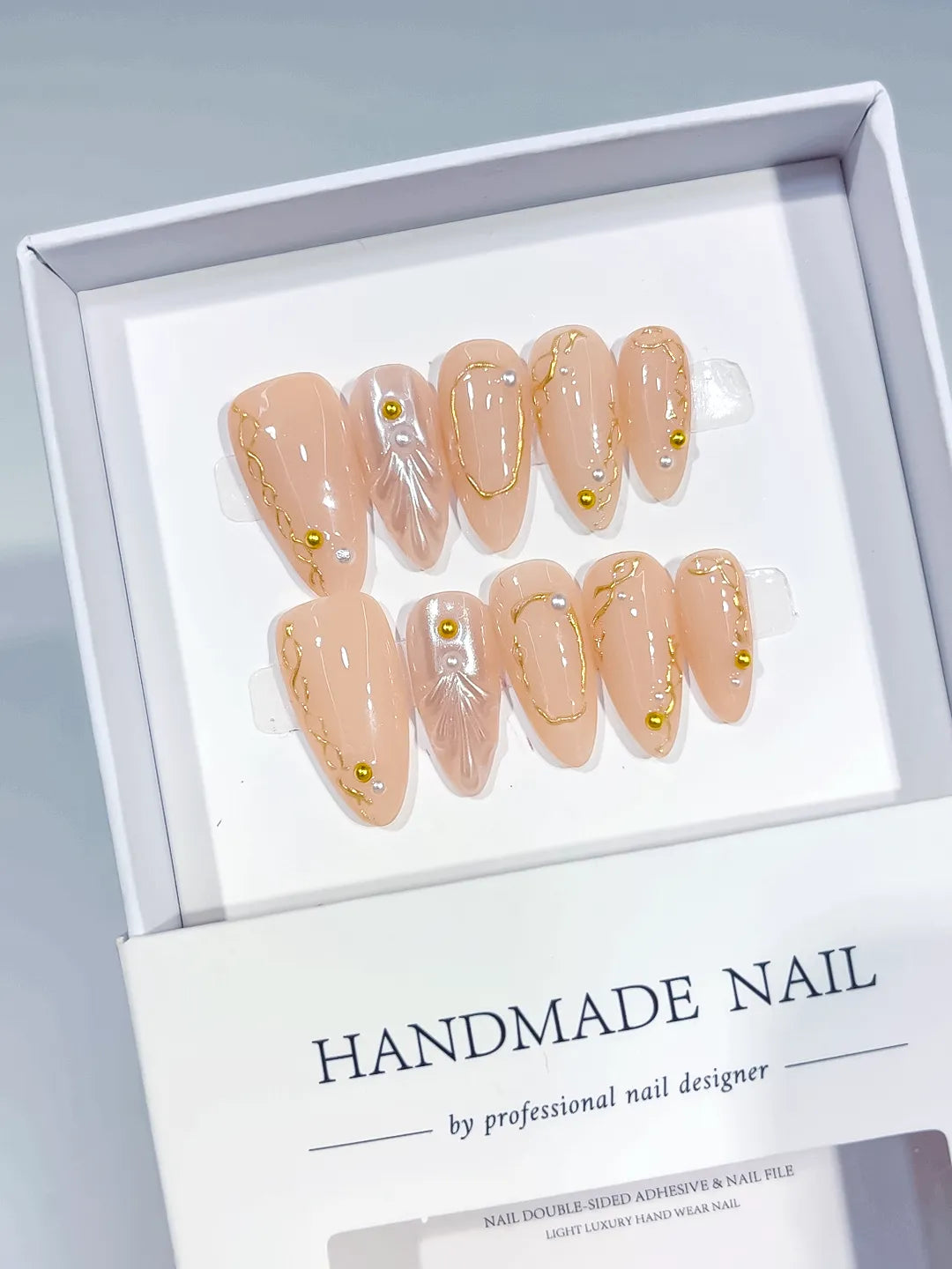 C388 - Medium Nude Gold Almond Abstract Pearl Gold Line
