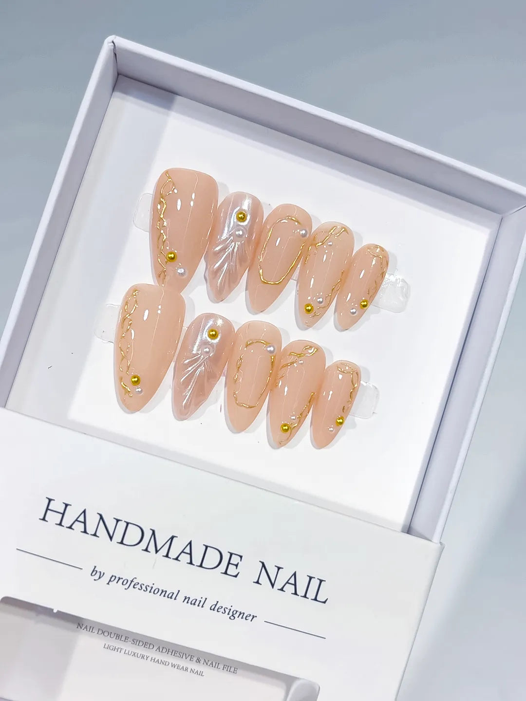 C388 - Medium Nude Gold Almond Abstract Pearl Gold Line