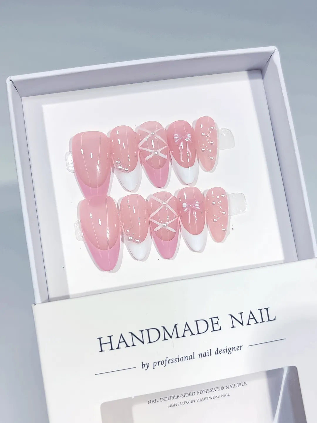 C389 - Medium Pink White Almond Abstract Line Art Pearl