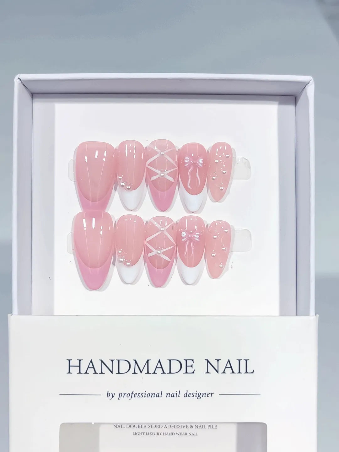 C389 - Medium Pink White Almond Abstract Line Art Pearl