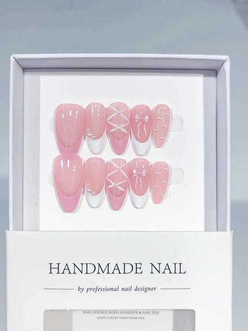 C389 - Medium Pink White Almond Abstract Line Art Pearl