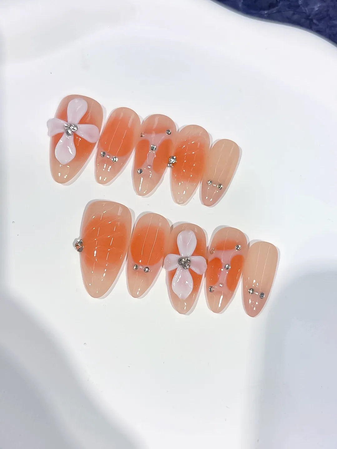 D547 - Medium Nude White Almond Ombre Flower Rhinestone