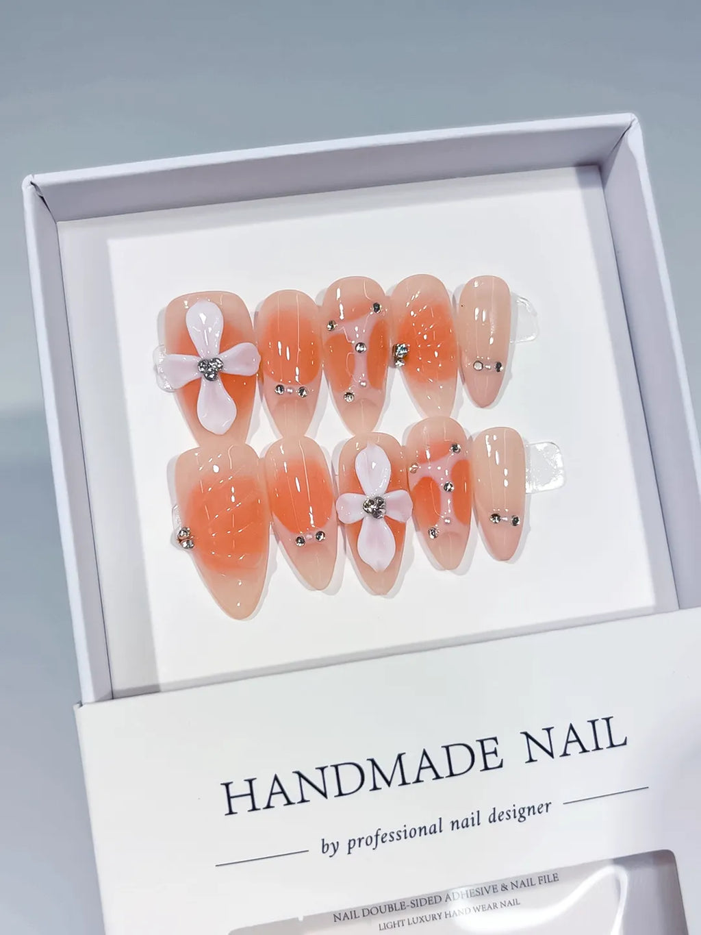 D547 - Medium Nude White Almond Ombre Flower Rhinestone