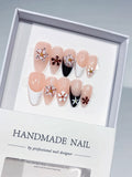 D549 - Medium Nude Black Almond French tip Flower Star