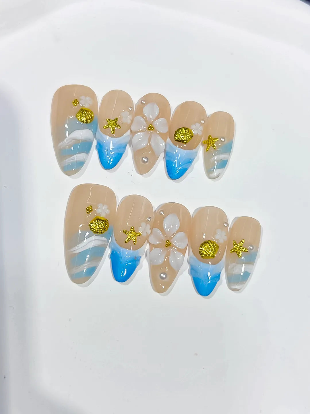 D553 - Medium Nude Blue Almond French tip Flower Star