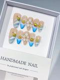 D553 - Medium Nude Blue Almond French tip Flower Star