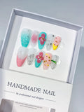 D554 - Medium Pink Green Almond Abstract Flower Glitter