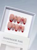 C390 - Medium Nude Red Oval French tip Bow Polka Dot