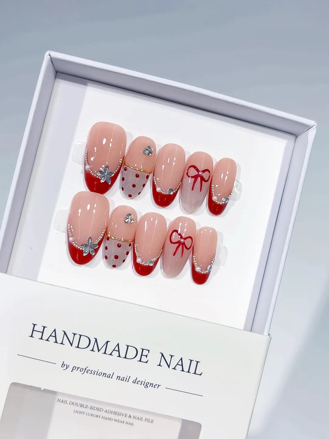C390 - Medium Nude Red Oval French tip Bow Polka Dot