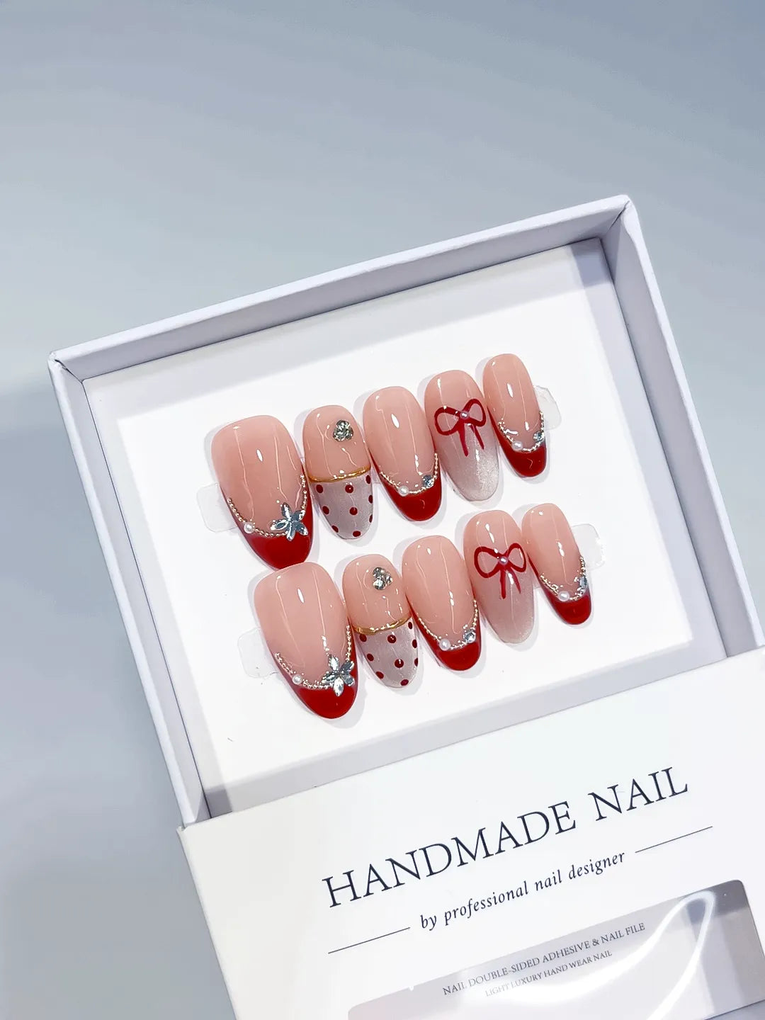 C390 - Medium Nude Red Oval French tip Bow Polka Dot
