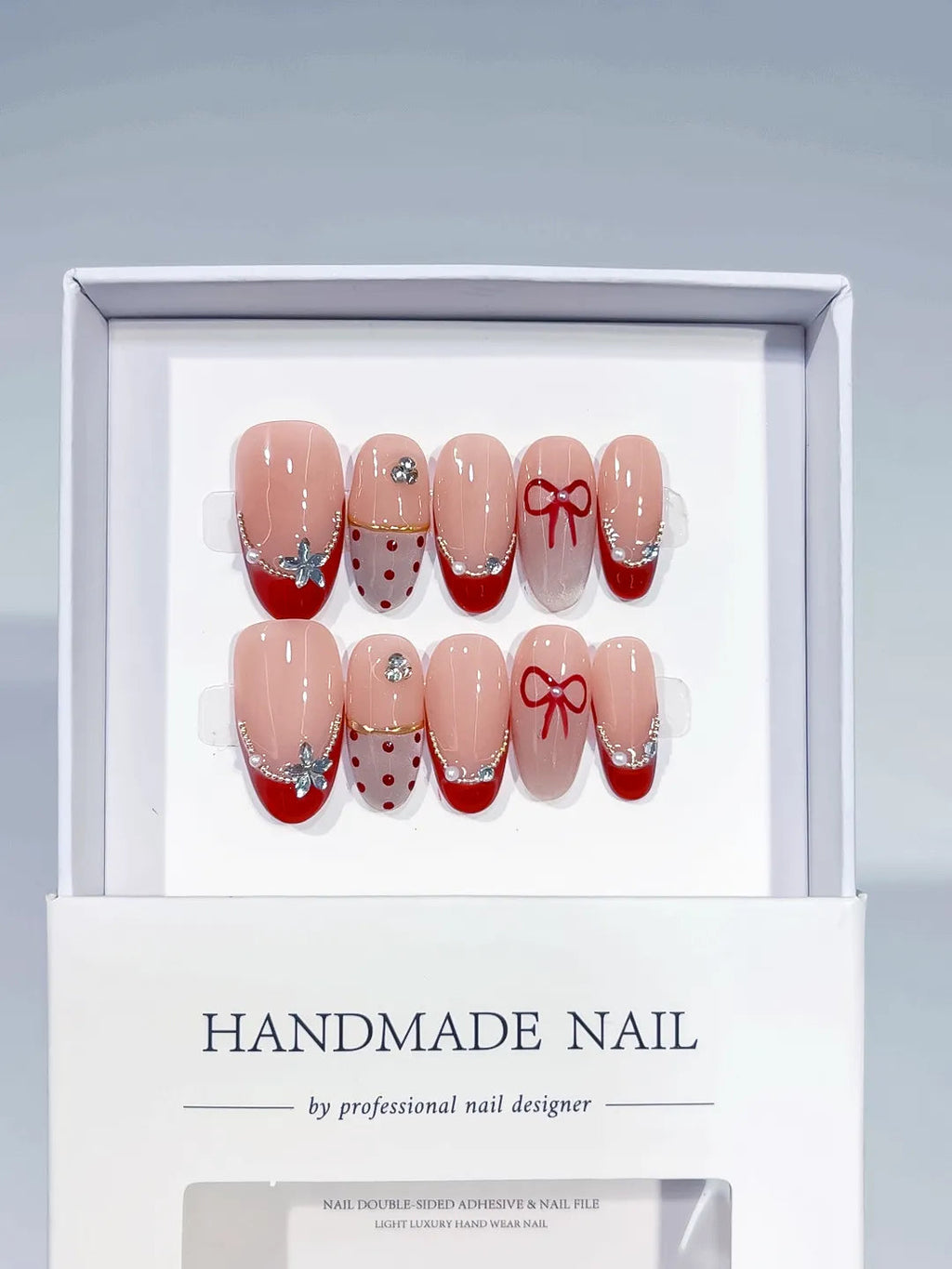 C390 - Medium Nude Red Oval French tip Bow Polka Dot VibeNailsLab