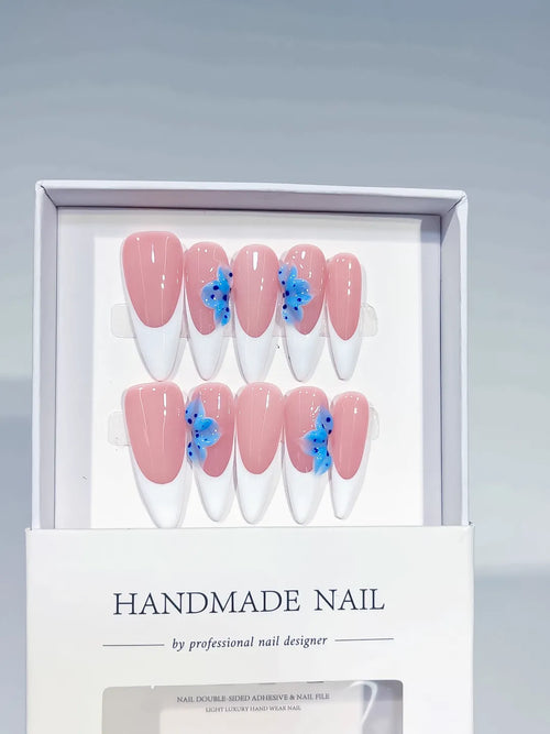 C391 - Long Pink White Stiletto French tip Flower