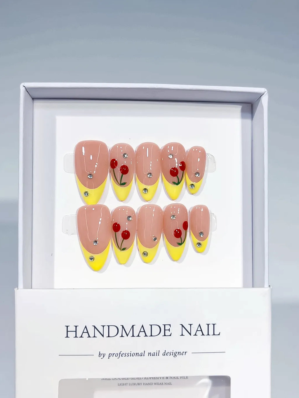C393 - Medium Nude Yellow Almond French tip Cherry Rhinestone