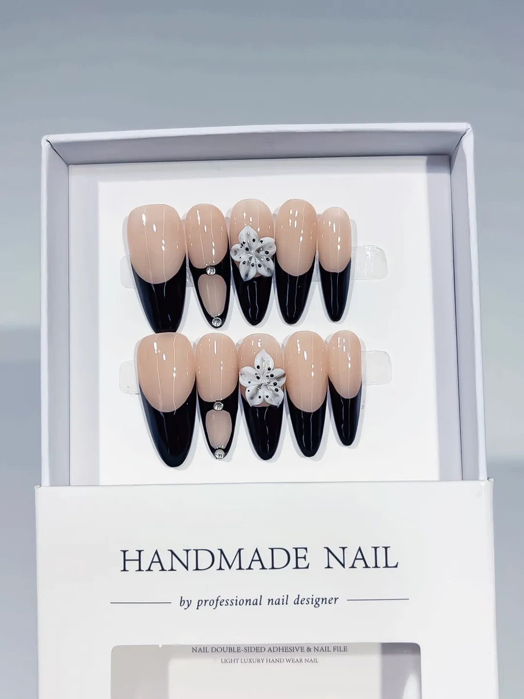 C395 - Long Nude Black Almond French tip Flower Rhinestone