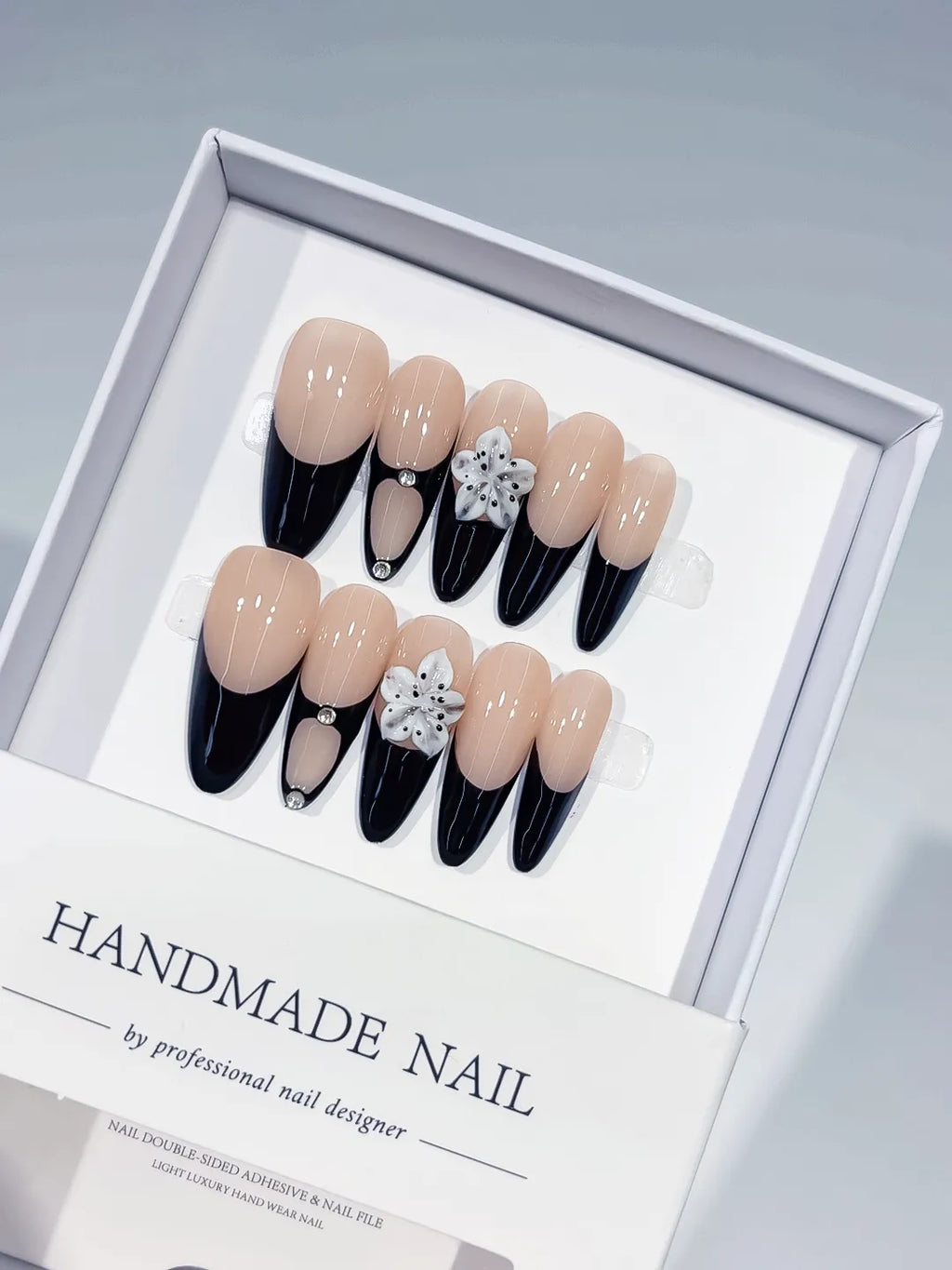 C395 - Long Nude Black Almond French tip Flower Rhinestone