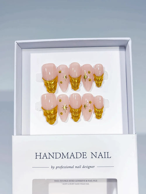 C398 - Medium Nude Gold Almond Metallic Star Gold Stud
