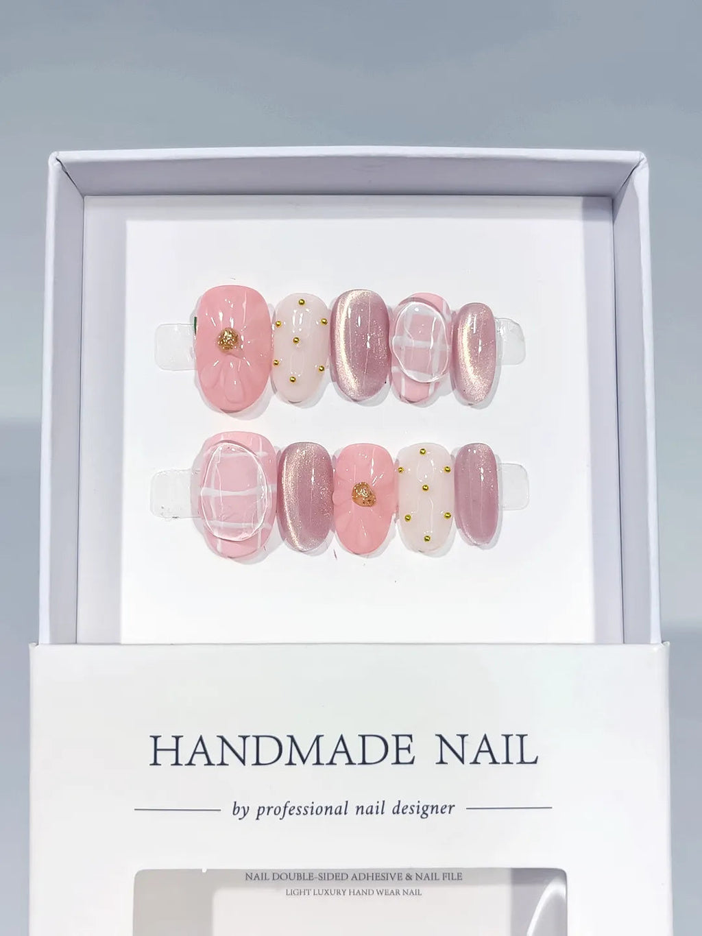 C401 - Short Pink White Oval Metallic Grid Pattern Stud VibeNailsLab