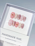 C401 - Short Pink White Oval Metallic Grid Pattern Stud VibeNailsLab