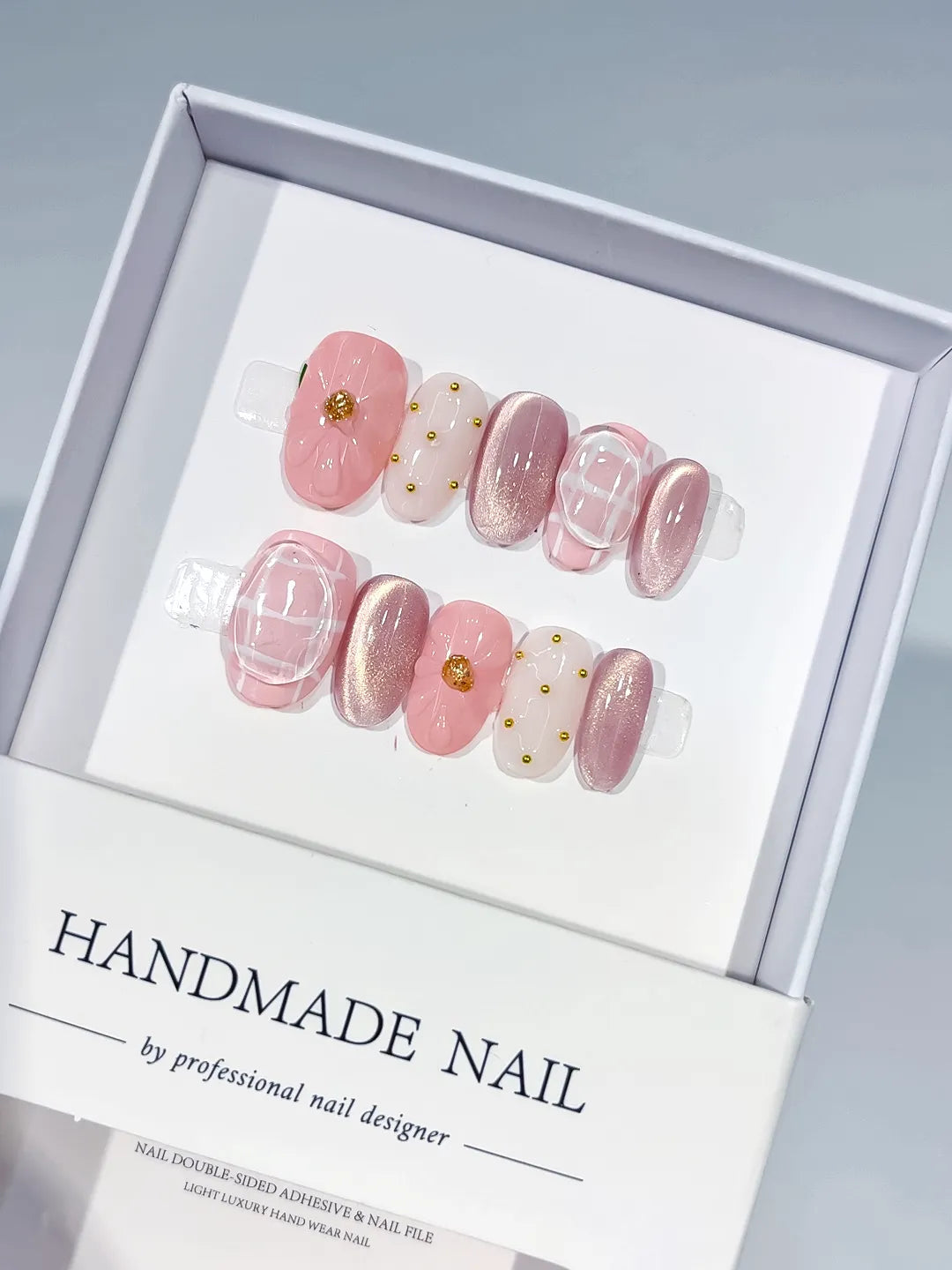 C401 - Short Pink White Oval Metallic Grid Pattern Stud VibeNailsLab