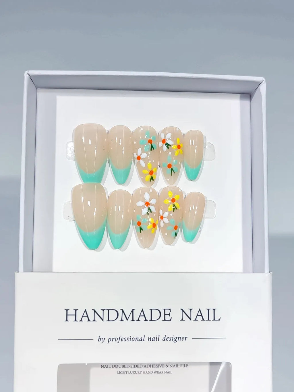 C403 - Medium Nude Green Almond French tip Daisy