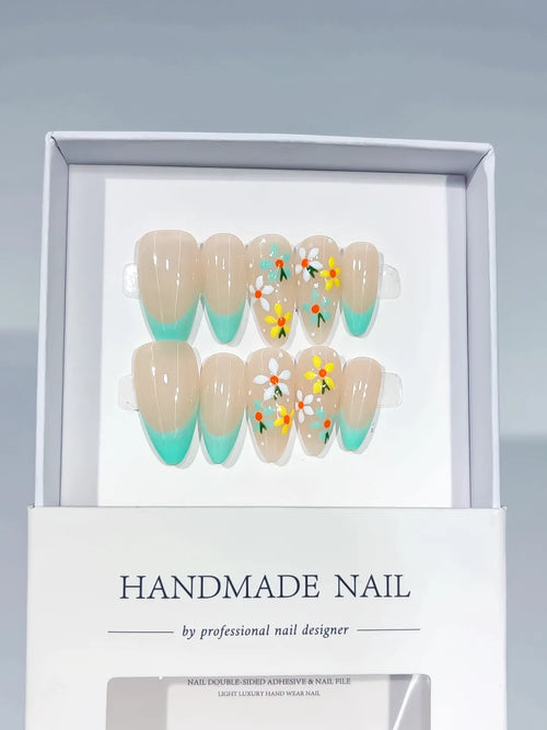 C403 - Medium Nude Green Almond French tip Daisy