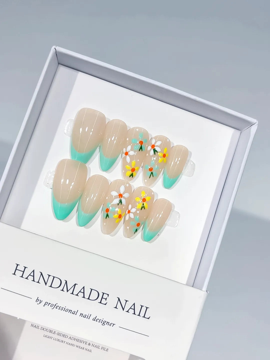 C403 - Medium Nude Green Almond French tip Daisy