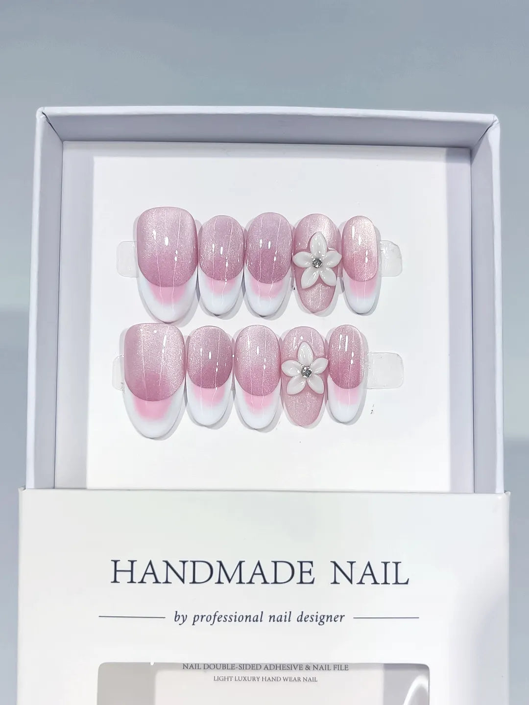 C404 - Medium Pink White Oval French tip Flower