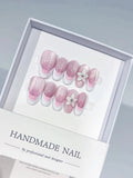C404 - Medium Pink White Oval French tip Flower VibeNailsLab