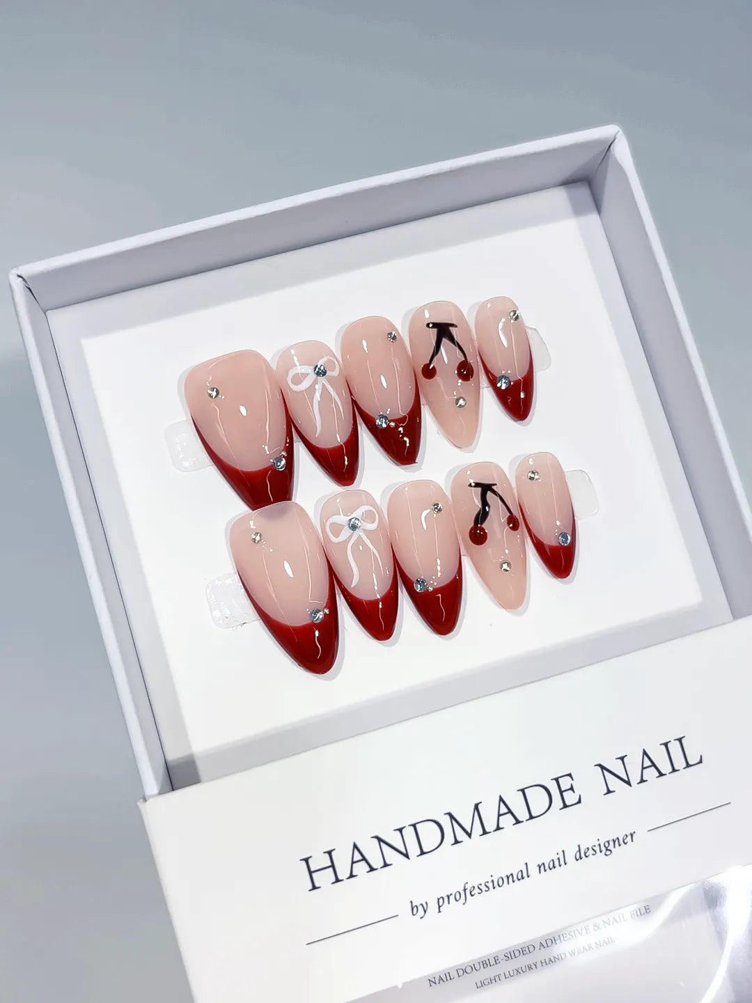 C405 - Medium Nude Red Almond French tip Bow Cherry