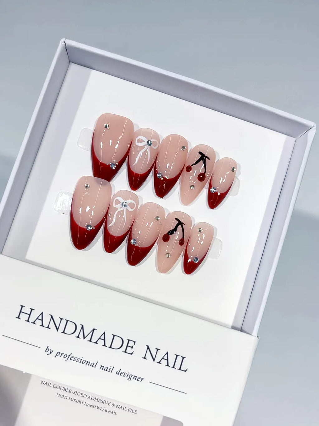 C405 - Medium Nude Red Almond French tip Bow Cherry