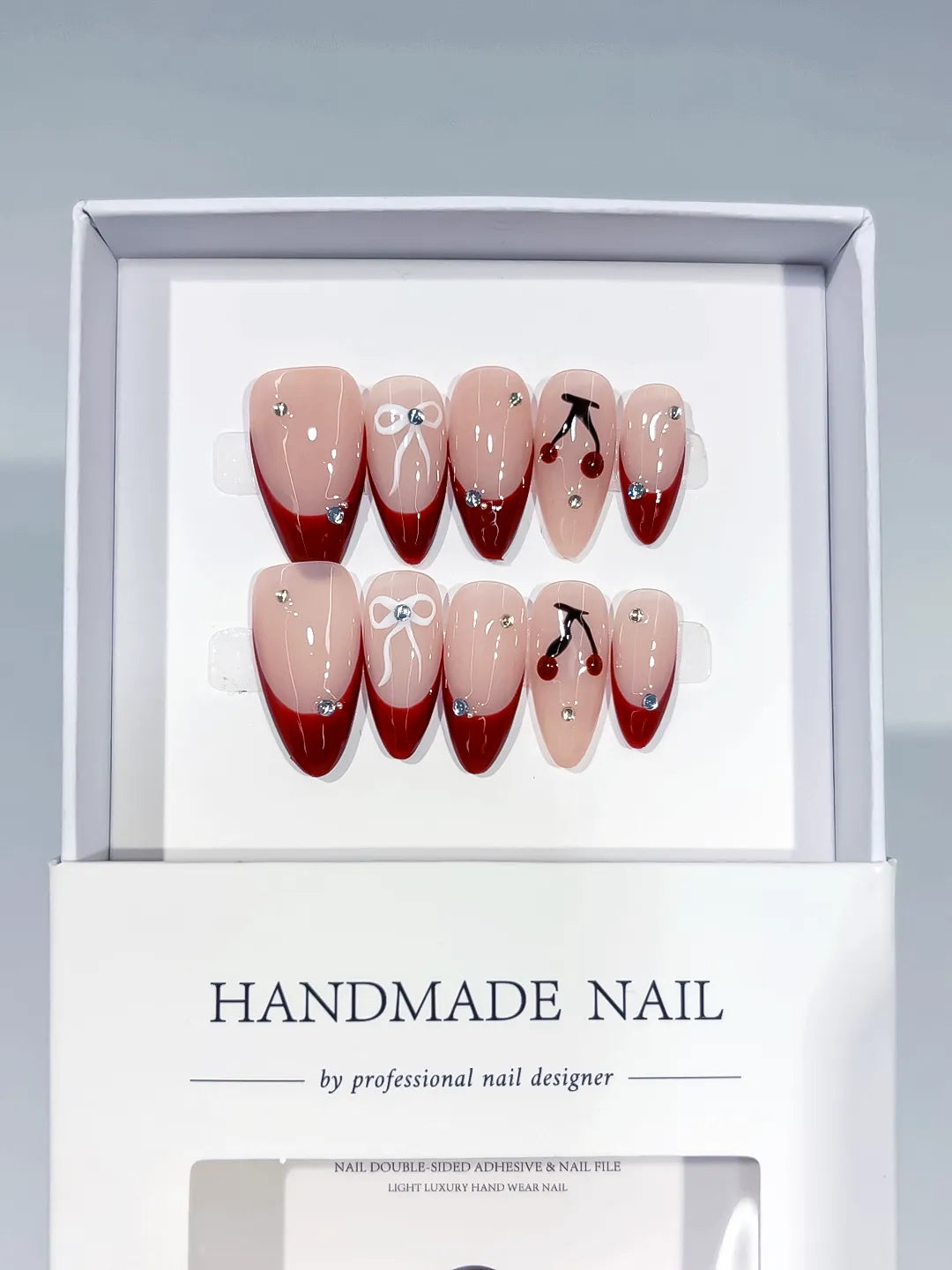 C405 - Medium Nude Red Almond French tip Bow Cherry