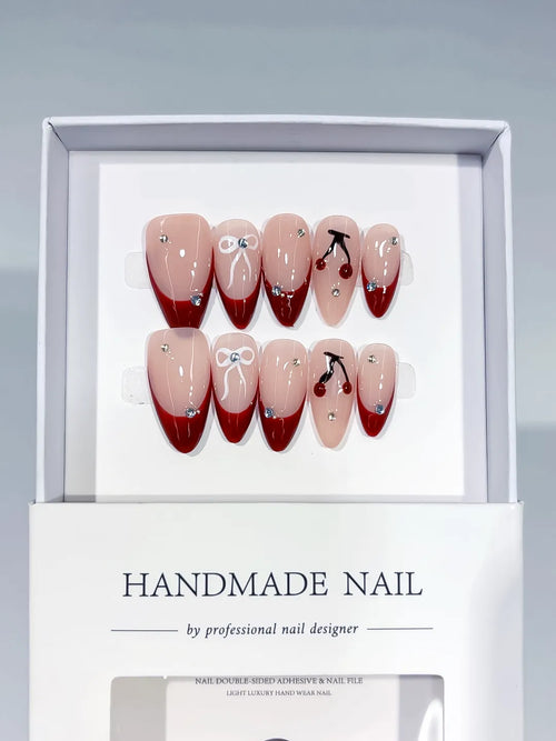 C405 - Medium Nude Red Almond French tip Bow Cherry