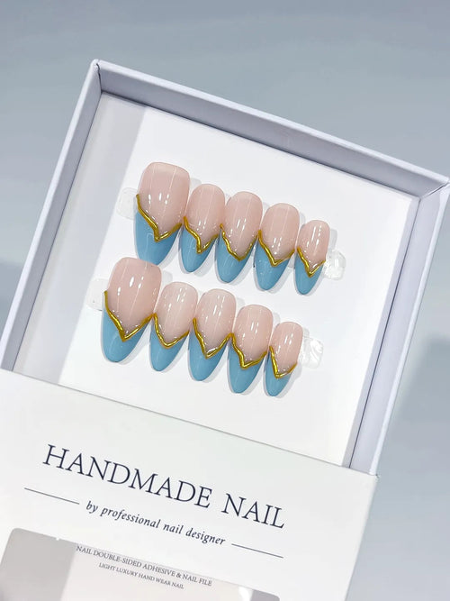 C406 - Medium Nude Blue Almond French tip Gold Outline VibeNailsLab