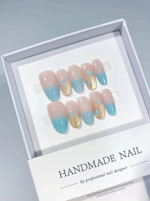 C409 - Medium Nude Blue Oval Ombre Glitter Bow