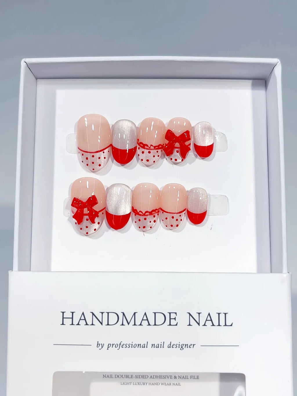 C411 - Medium White Red Oval French tip Bow Polka Dot