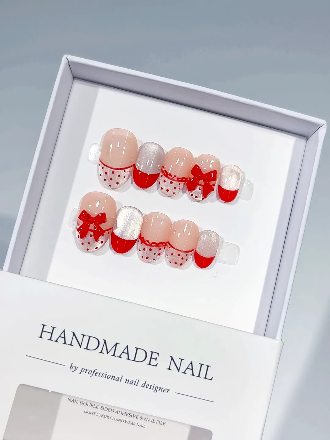 C411 - Medium White Red Oval French tip Bow Polka Dot