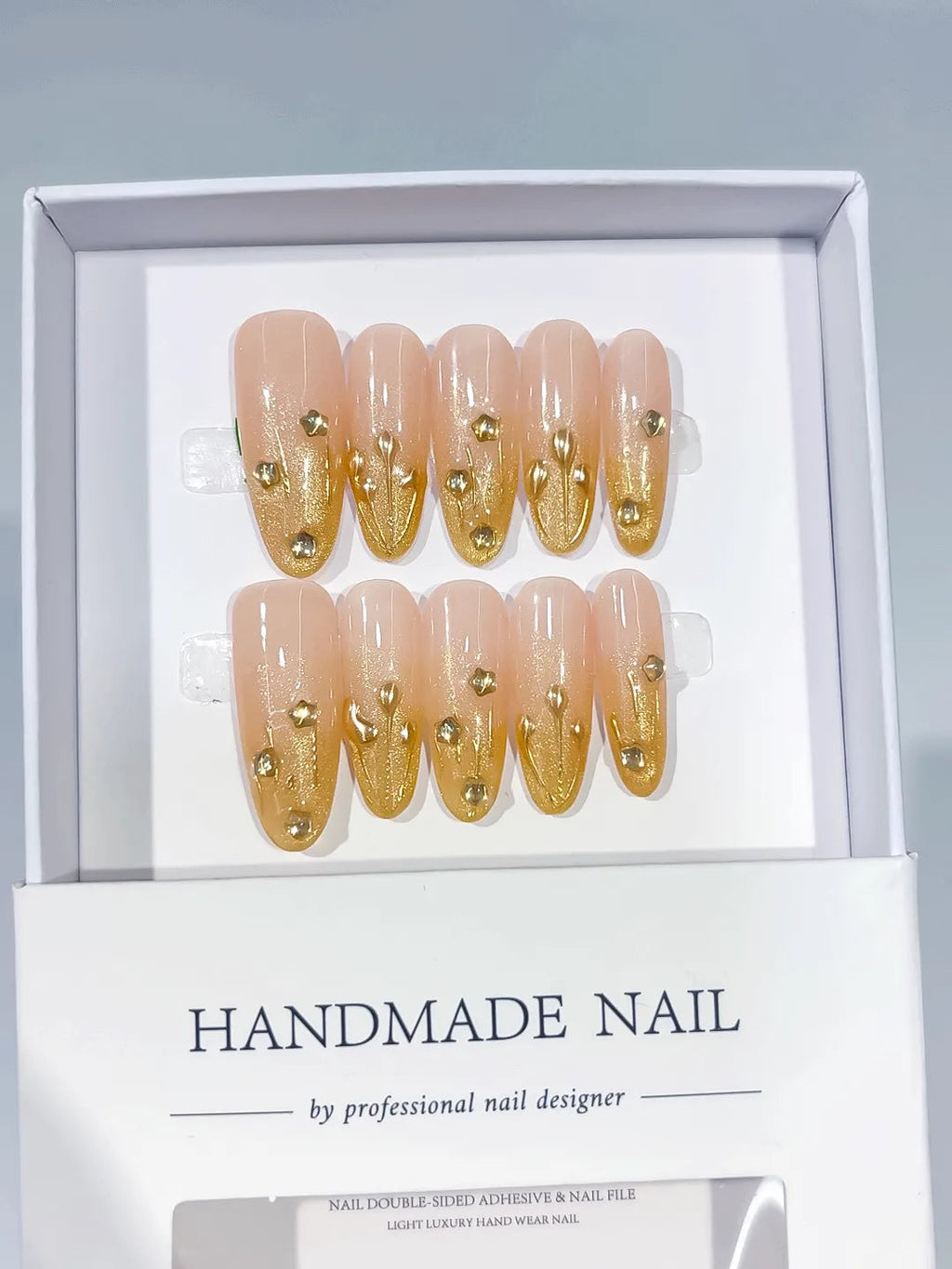 C413 - Long Nude Gold Oval Glitter Gold Stud Metallic Accent VibeNailsLab