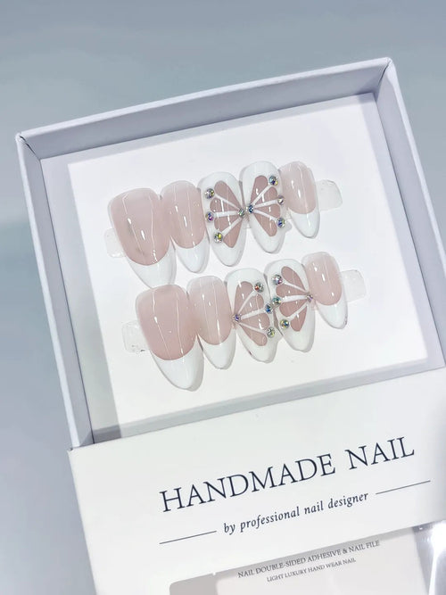 C414 - Medium Nude White Almond French tip Petal Rhinestone VibeNailsLab
