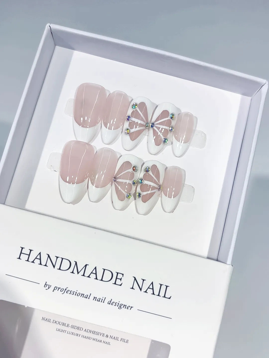 C414 - Medium Nude White Almond French tip Petal Rhinestone VibeNailsLab