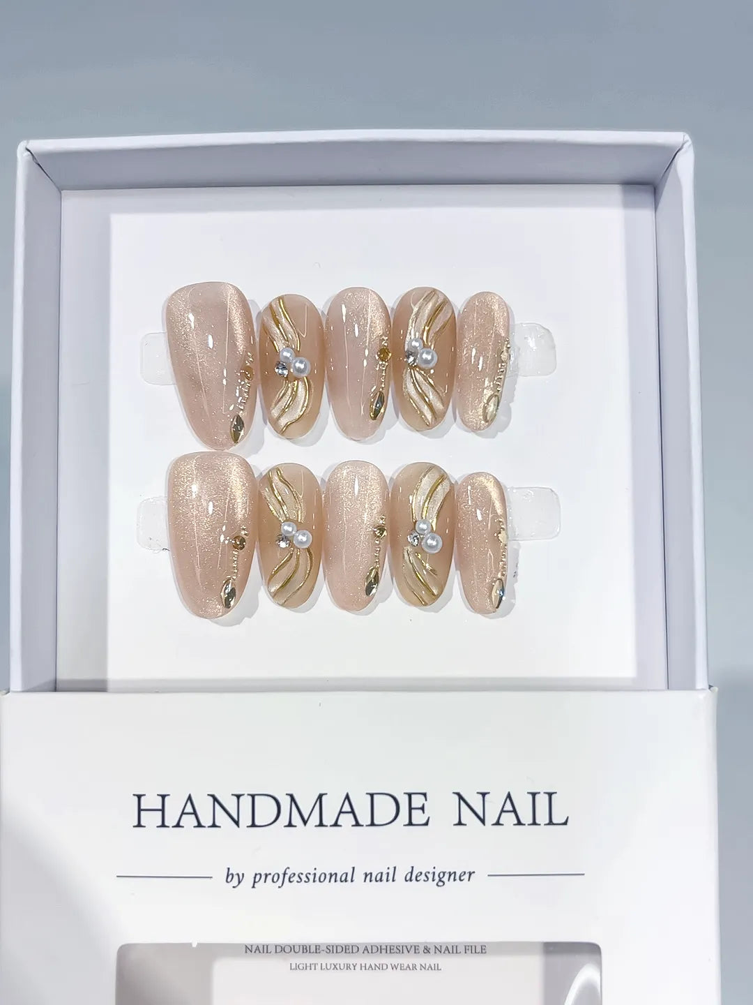 C417 - Medium Nude Gold Oval Glitter Pearl Metallic Swirl VibeNailsLab