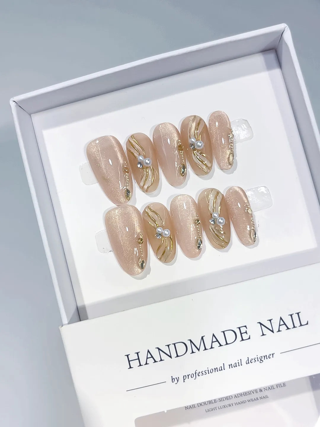 C417 - Medium Nude Gold Oval Glitter Pearl Metallic Swirl VibeNailsLab
