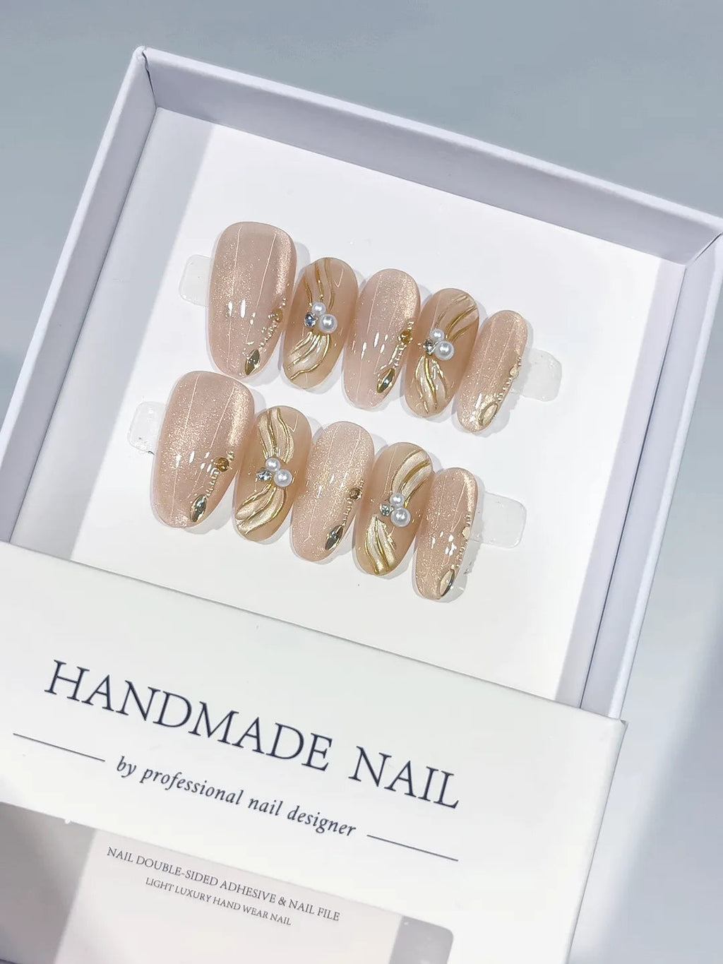 C417 - Medium Nude Gold Oval Glitter Pearl Metallic Swirl VibeNailsLab